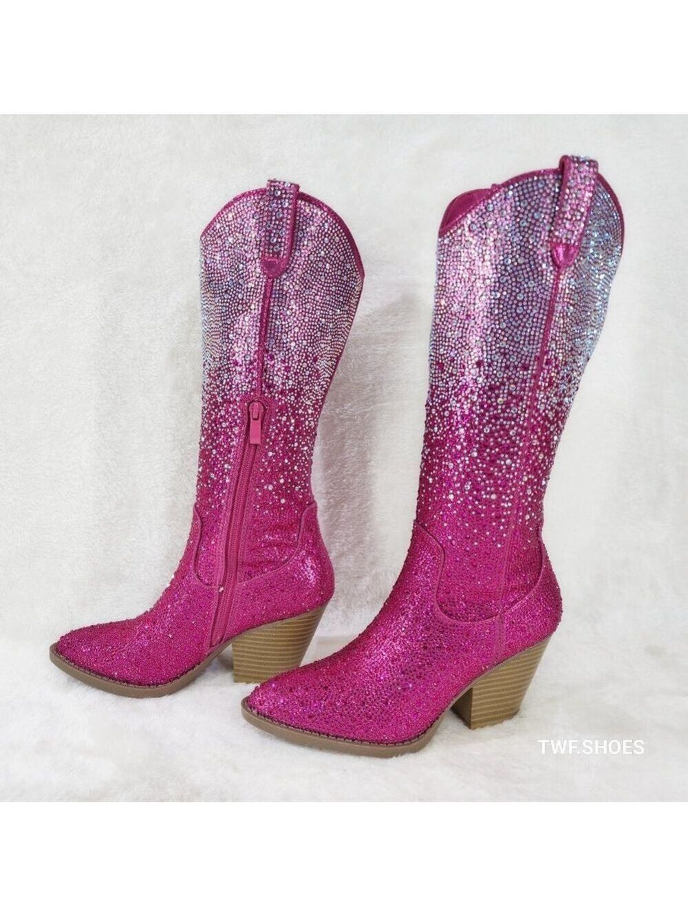 Posh Wild Ones Fuchsia Ombre Rhinestone Western Cowgirl Knee Boots Hot Pink - Picture 8 of 17